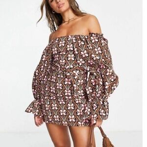 ASOS Luxe Extreme Sleeve Belted Mini Dress Retro Floral Off Shoulder NWOT